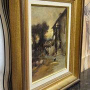 École française – Scène de ferme animée – Huile sur panneau