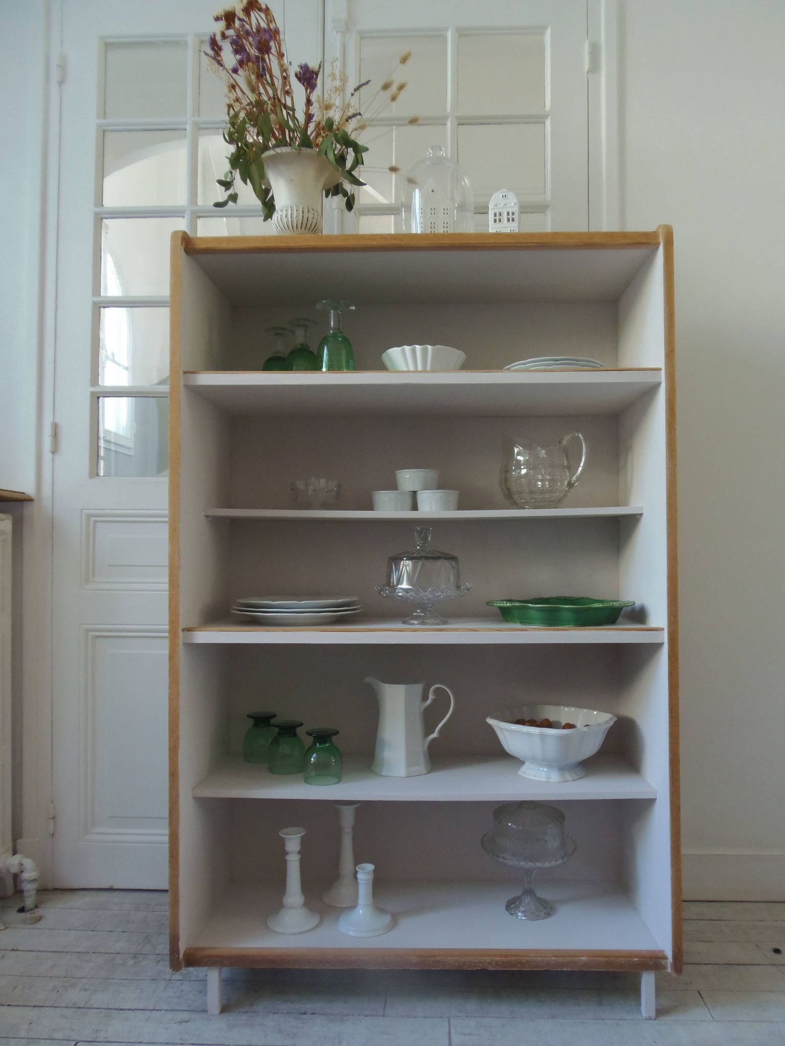 Vintage oak veneer bookcase, pearl gray interior, metal legs