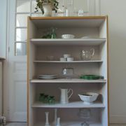 Vintage oak veneer bookcase, pearl gray interior, metal legs