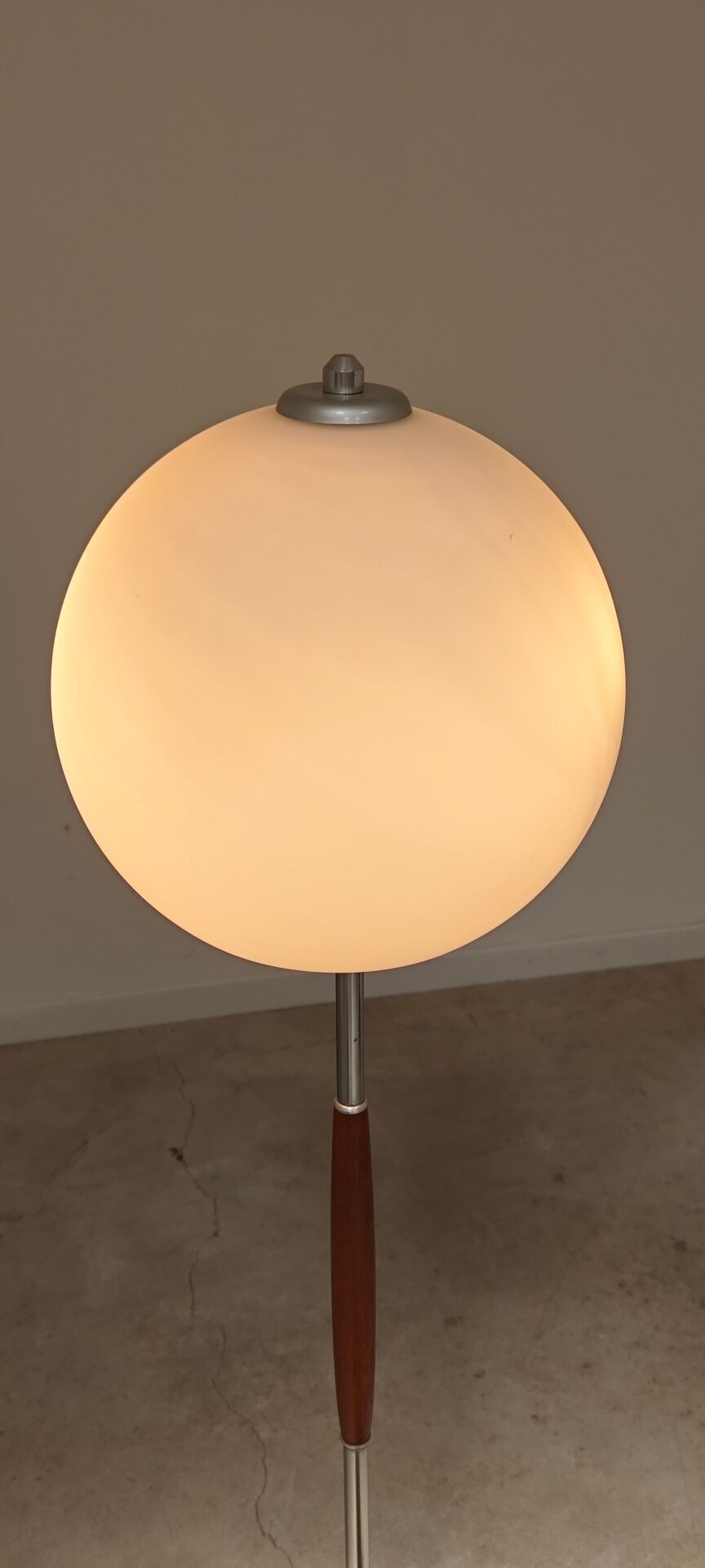 Modernist floor lamp in teak, chrome metal, opaline, Czechoslovakia 60s