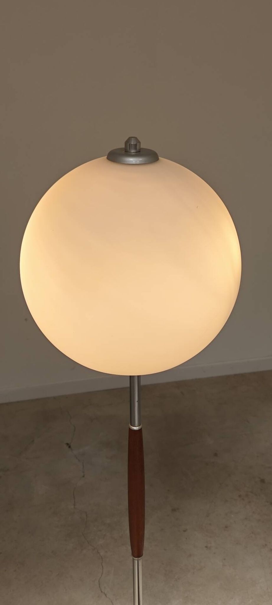 Modernist floor lamp in teak, chrome metal, opaline, Czechoslovakia 60s