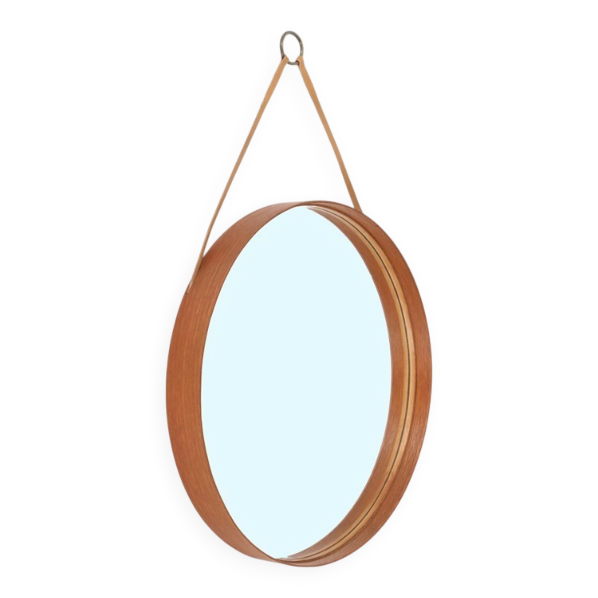 Rare round "#103" wall mirror / teak, leather, brass / by Glas Mäster, Markaryd, Sweden / 1960s / 1970s / Mid-Century Modern Design