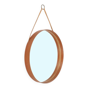 Rare round "#103" wall mirror / teak, leather, brass / by Glas Mäster, Markaryd, Sweden / 1960s / 1970s / Mid-Century Modern Design