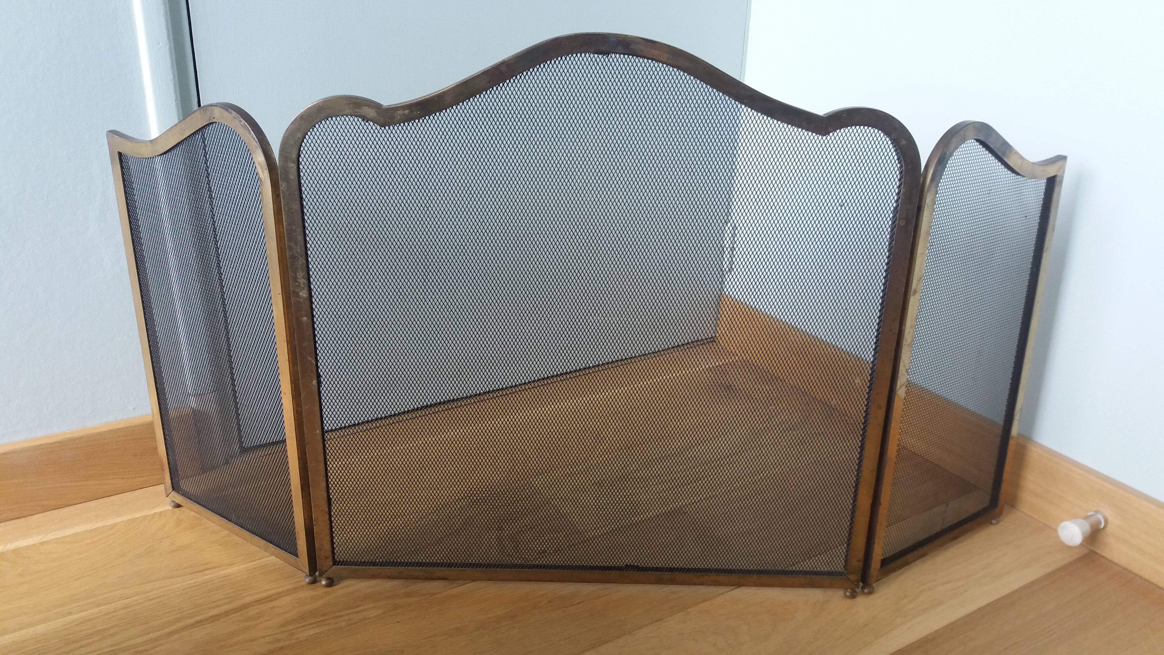 Fire screen, three-panel fireplace screen.