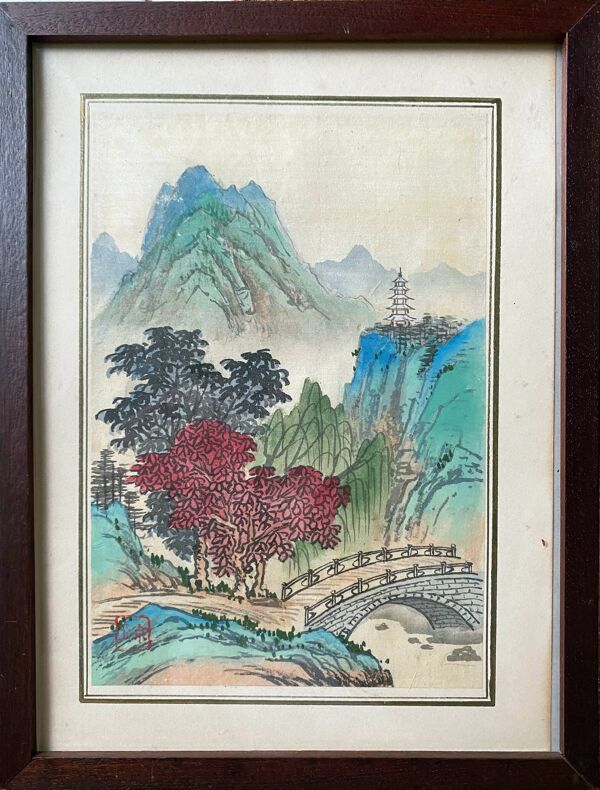 Pendant de tableaux anciens à l'encre de hine ''paysages et et temple'' signés