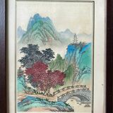 Pendant de tableaux anciens à l'encre de hine "paysages et et temple" signés