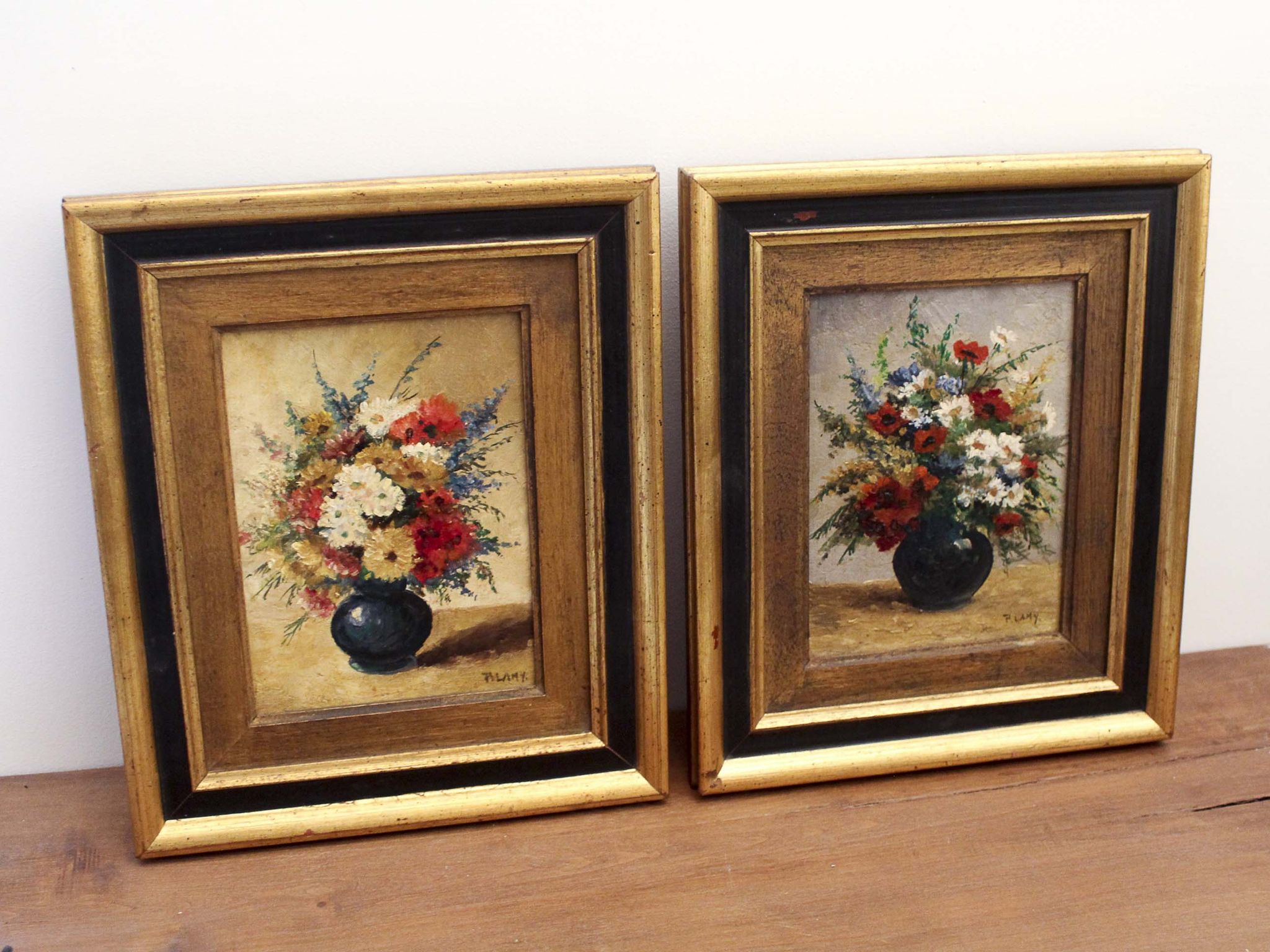 Paire d'huiles sur panneau Bouquets de fleurs P. Lamy