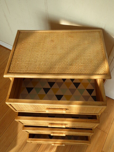 Chest of drawers vintage wood and rattan blond 4 drawers ca 1970