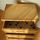 Chest of drawers vintage wood and rattan blond 4 drawers ca 1970