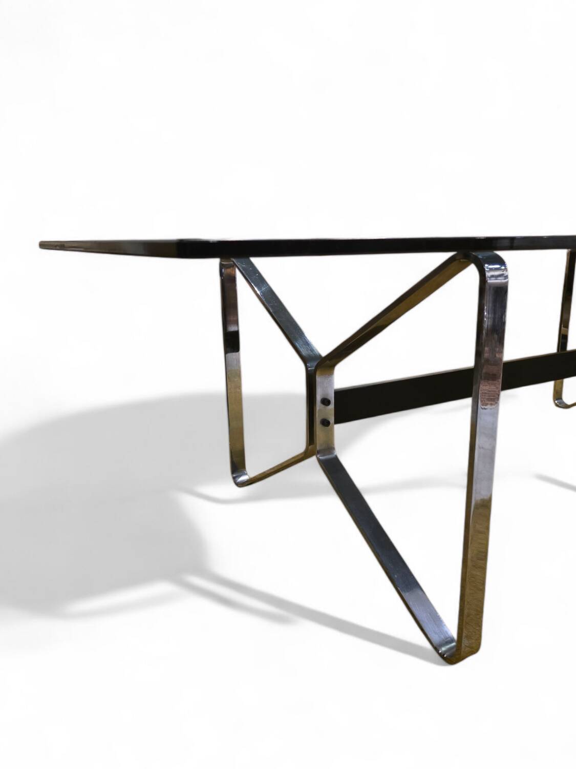 Smoked glass and chrome designer table – 70s Italian style