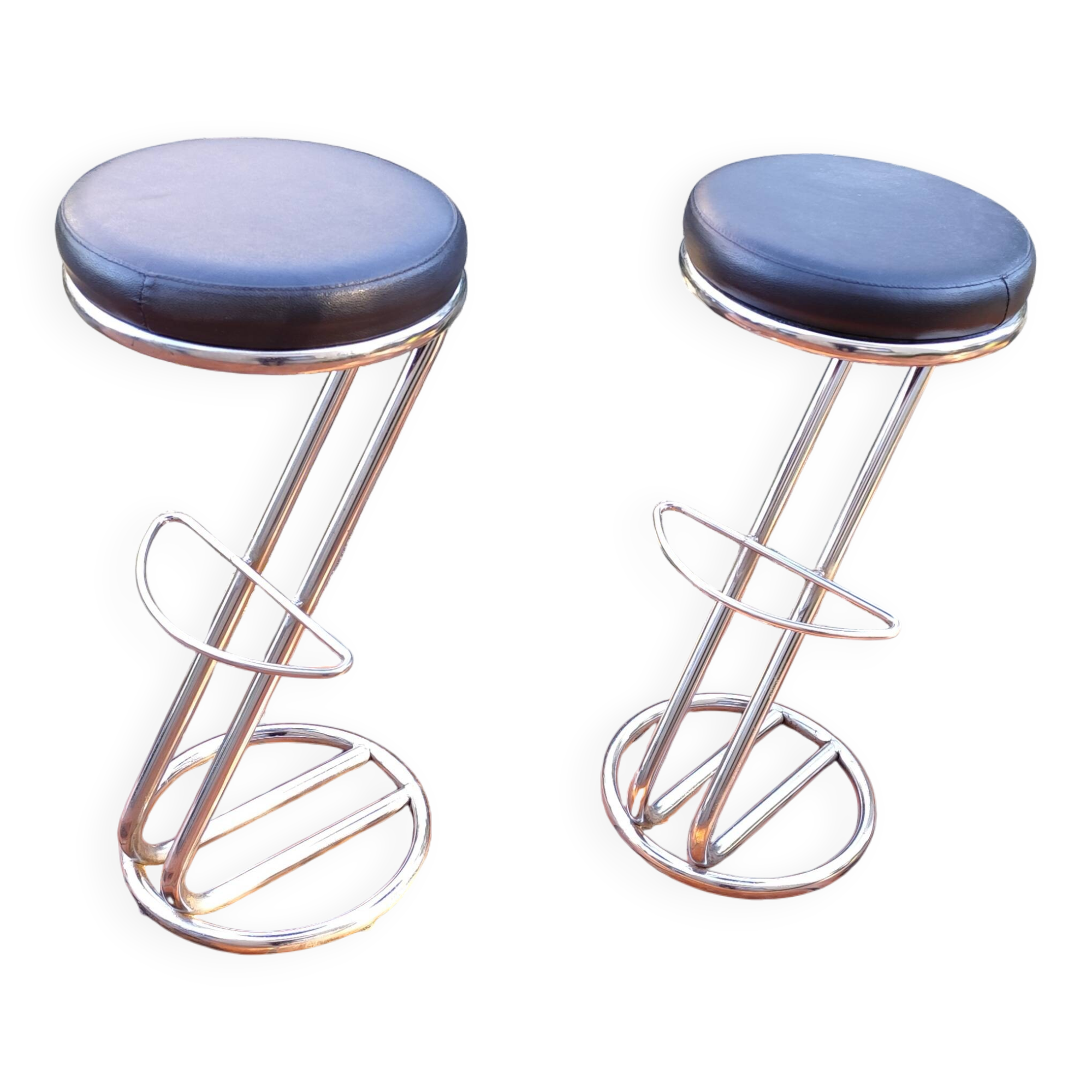 Set of high stools in chrome metal and vintage 80s leather Z