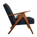 Chaise compas restaurée, tissu jaune canari, fil orange, teck, 1960