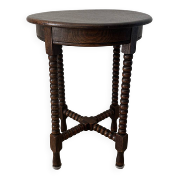 Petit guéridon vintage en bois tourné, table d’appoint ronde en bois