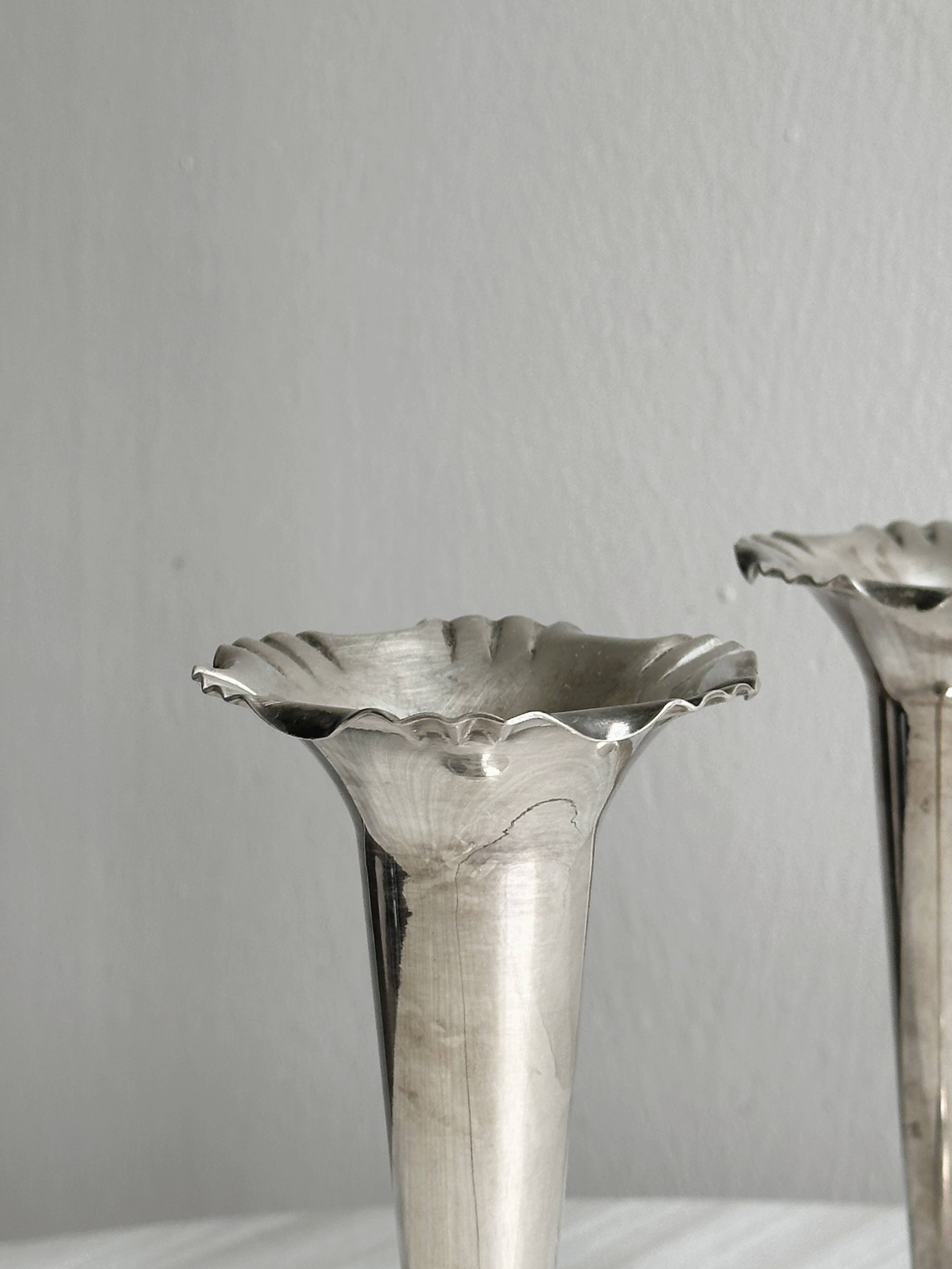 Pair of shiny silver metal vases