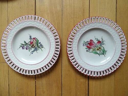 Kg luneville "reverber" 6 pierced plates antique earthenware flowers ø14.5 cm