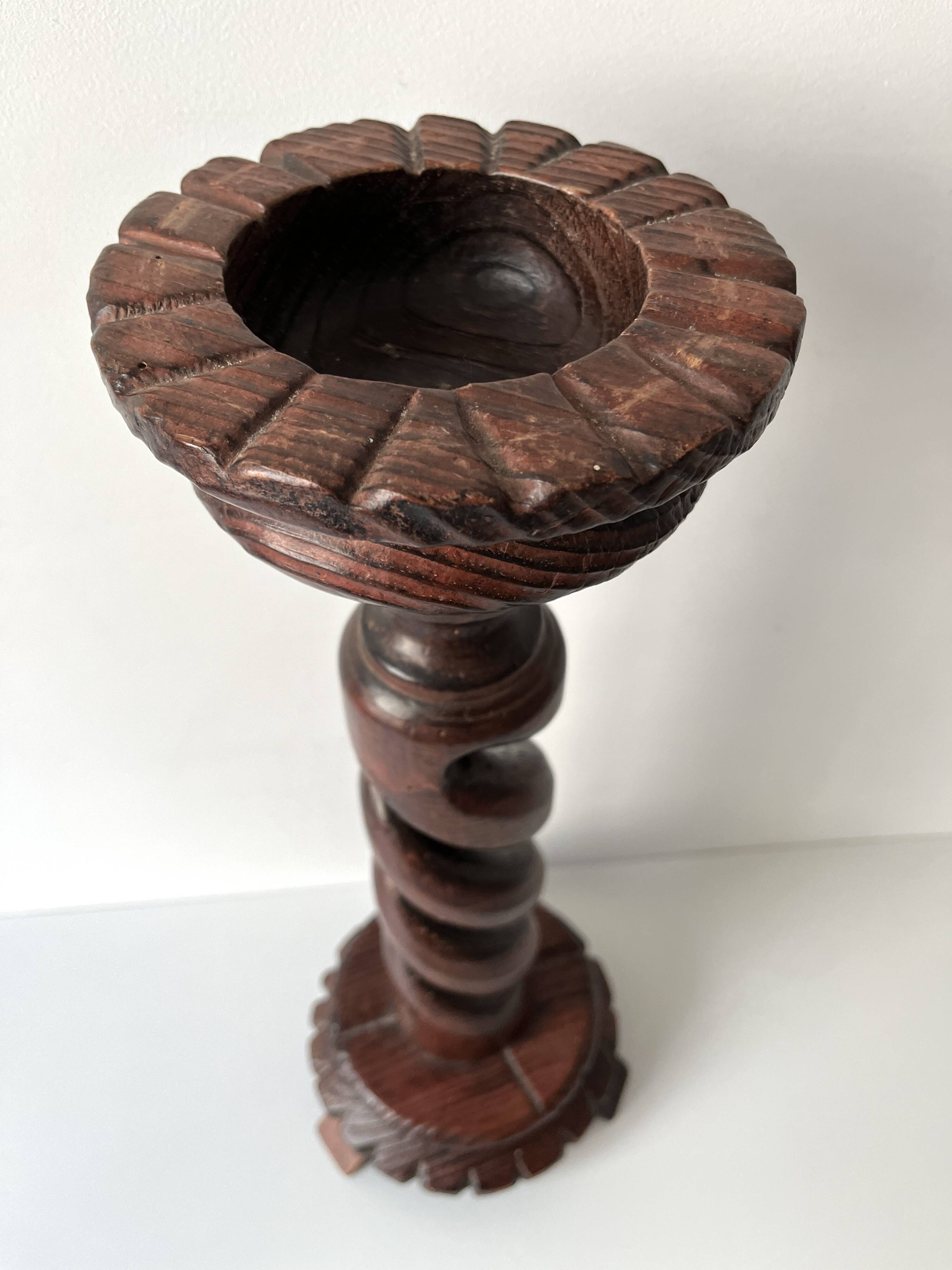 50s turned wooden pedestal ashtray, vintage rustic ashtray