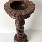 50s turned wooden pedestal ashtray, vintage rustic ashtray