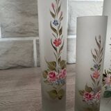 Set of 3 Hand Painted Frosted Glass Vases - Vintage Floral Style
