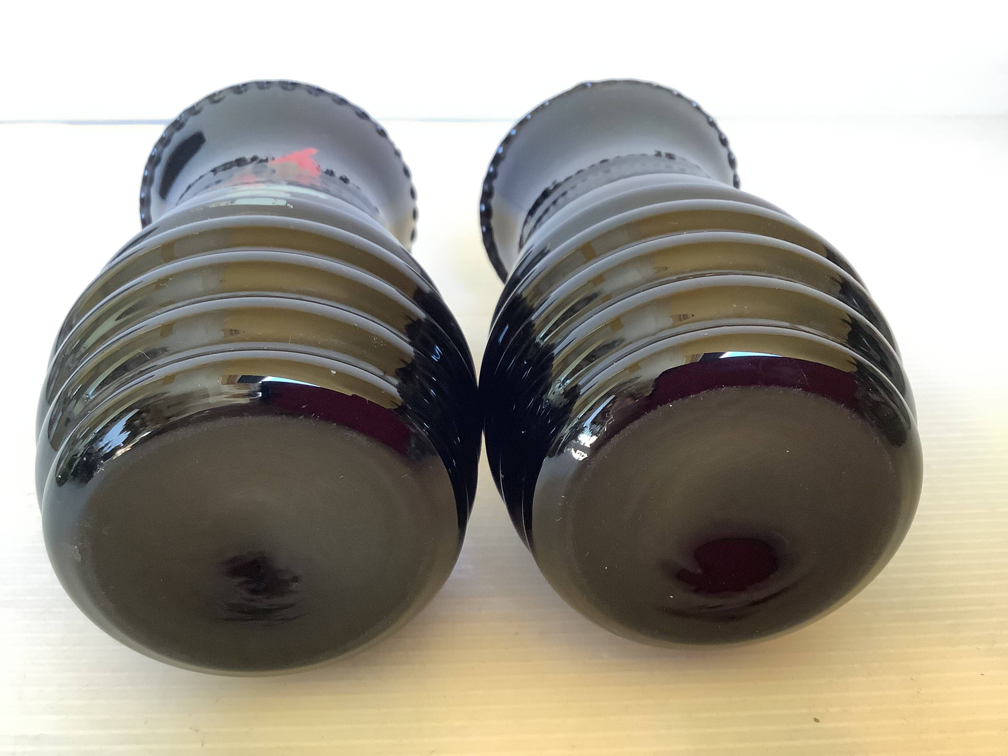 Pair of small painted black opaline vases