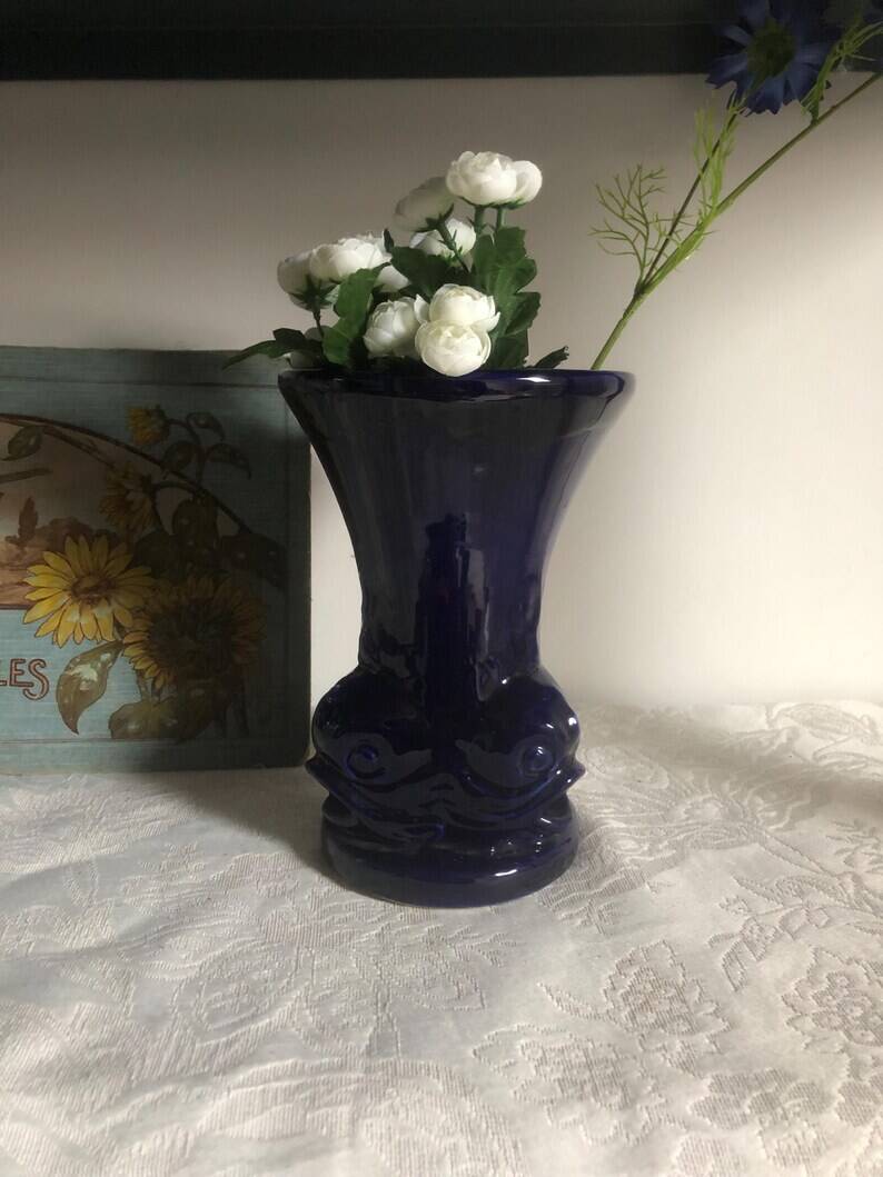 Vintage Cobalt Blue Fish Vase - Ricard Ceramics Workshop