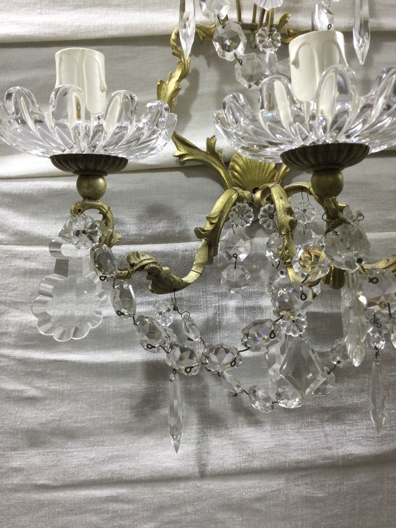 Pair of 3-light bronze and crystal wall lights