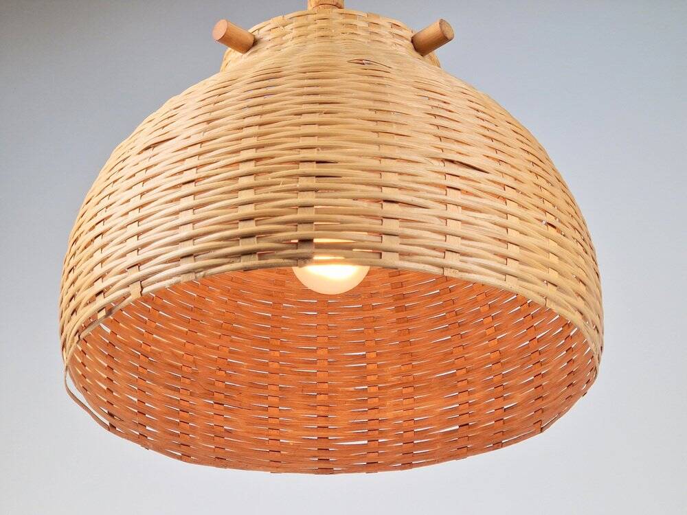 Scandinavian Wicker Rattan and Pine Pendant Lamp, 1960s