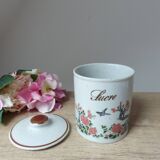 Ancienne boite à sucre en grès moucheté décor oiseau et arbre en fleurs