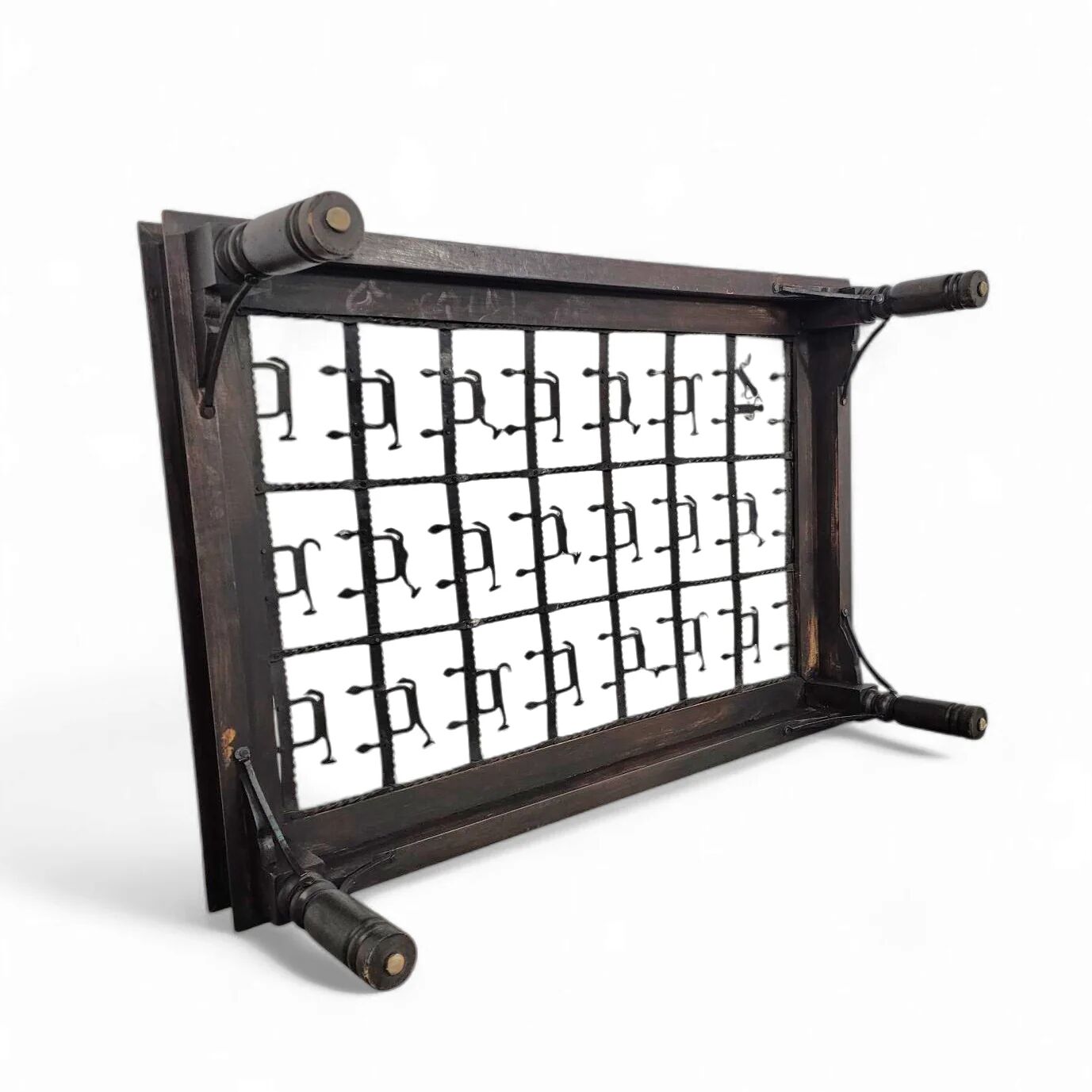 French brutalist coffee table, forged wrought iron, shepherd with dog and his herd, 1970s, transparent glass top