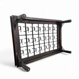 French brutalist coffee table, forged wrought iron, shepherd with dog and his herd, 1970s, transparent glass top