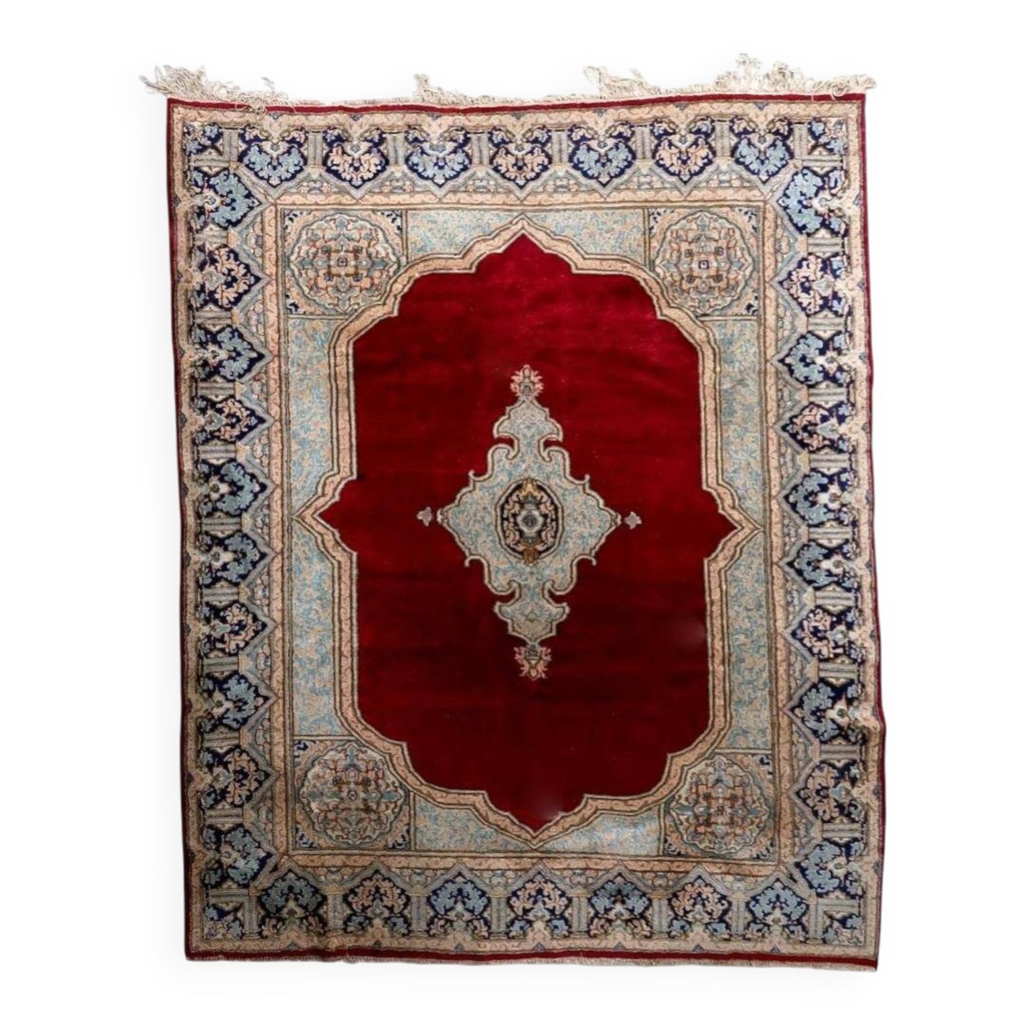 Antique Kerman Kork wool rug, open field medallion, crimson & navy, c. 1930s — 237 × 302 cm — 1C1280