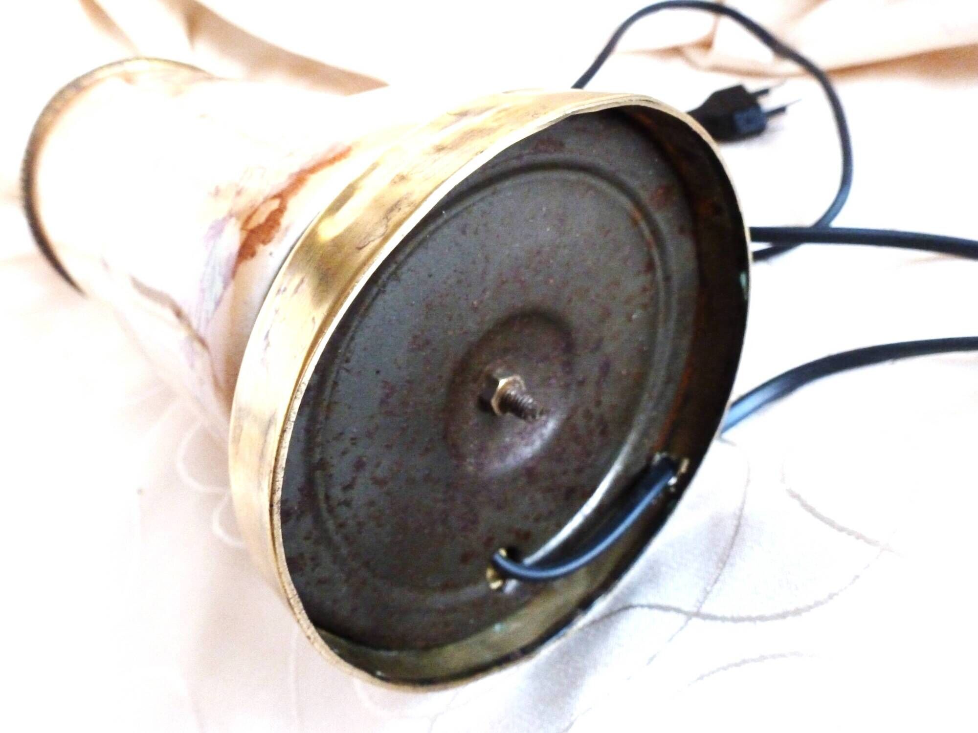 Old ceramic lamp "Lunéville" with a pig bladder shade.