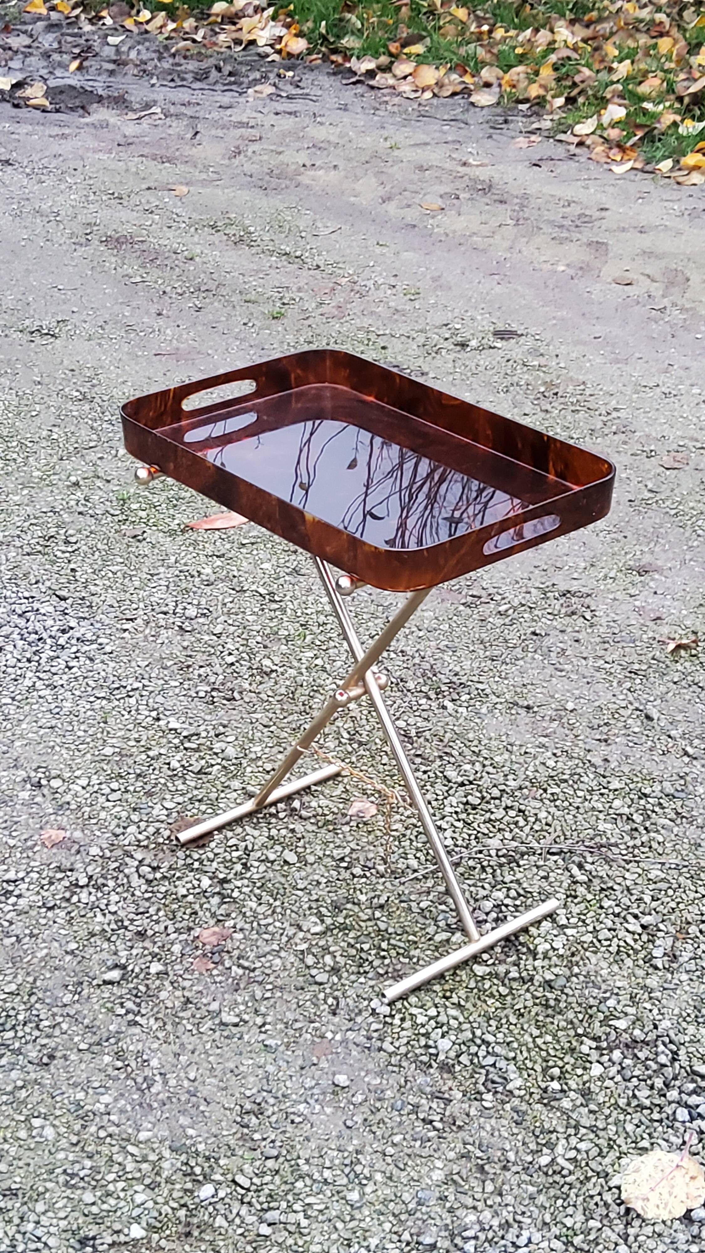 Gold metal side table with tortoiseshell lucite top from the 70s