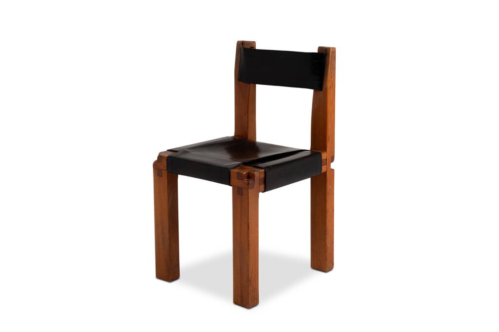 Pierre Chapo. Series of 8 "S11" chairs in elm and leather. 1960s-70s.