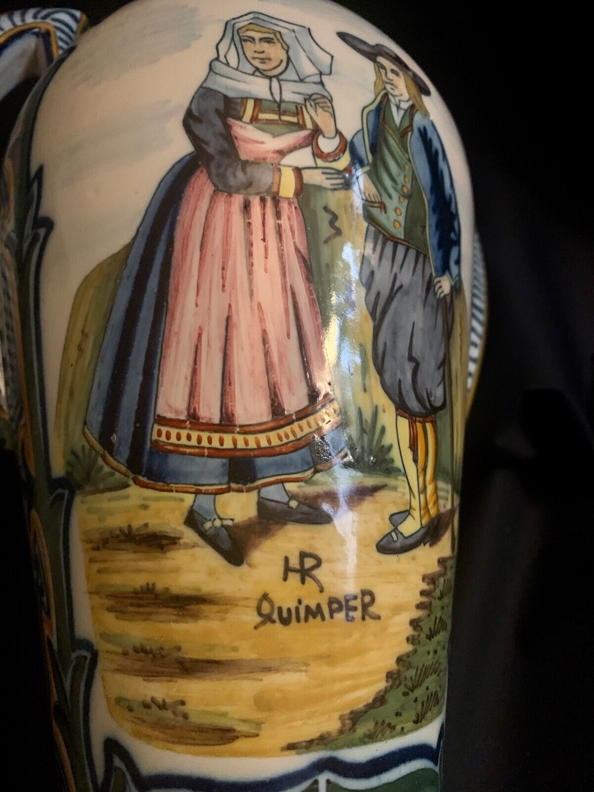 Henriot Quimper Vase, Signed HR, circa 1904-1922, numbered 13, Bretons, flowers