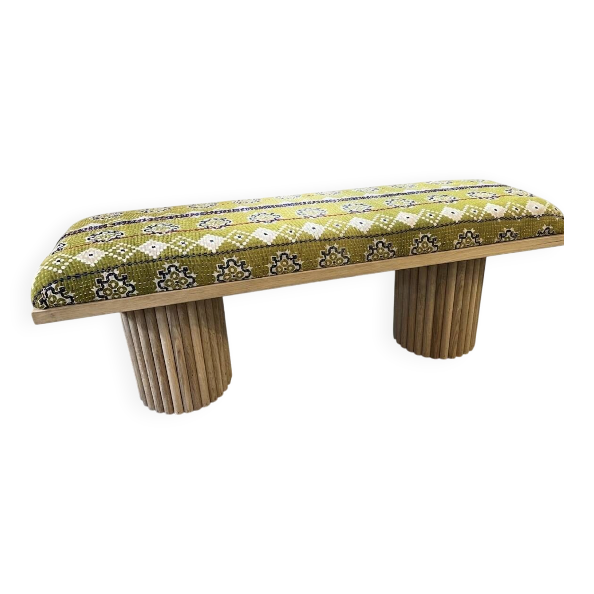 Mango wood bench with khanta fabric.