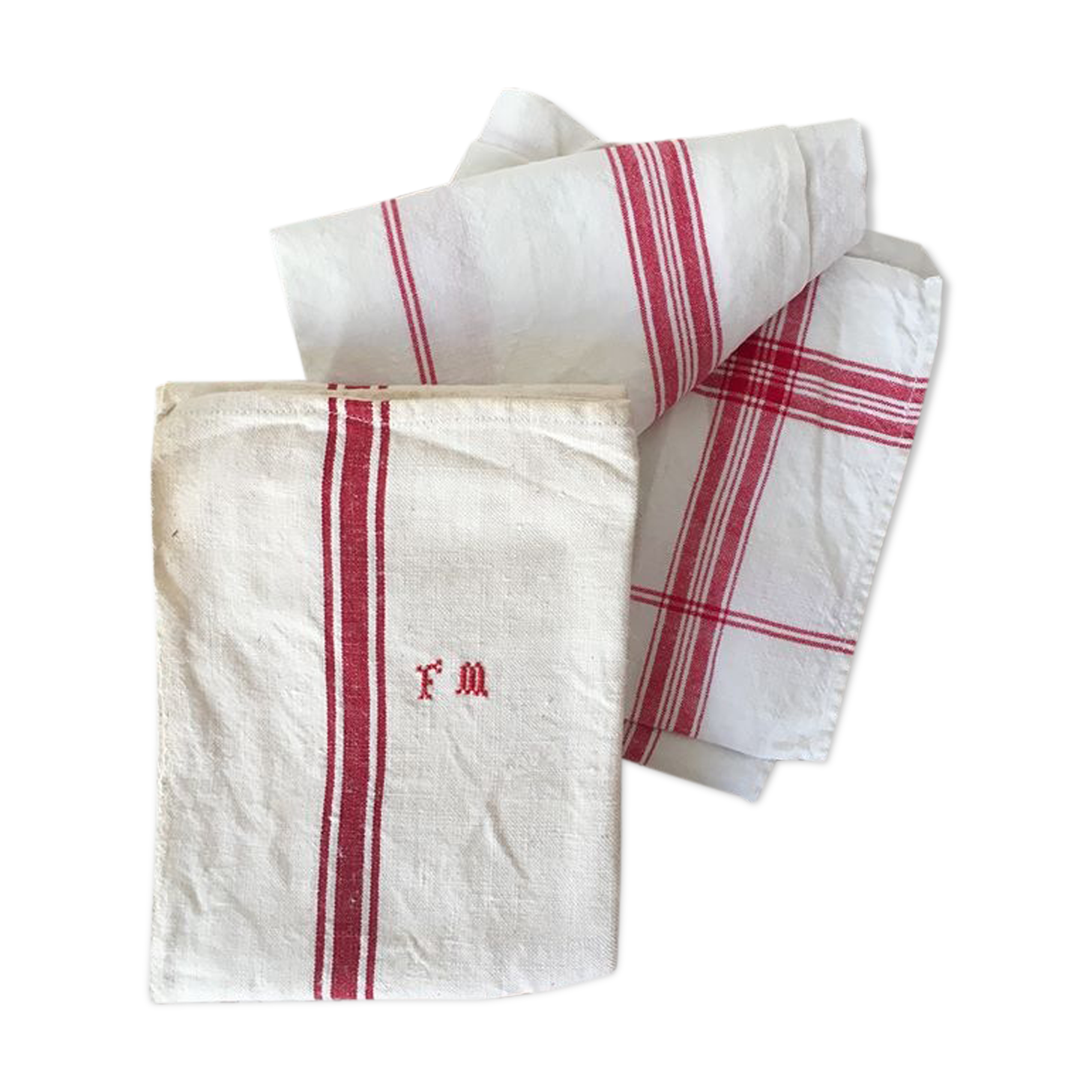 Two mismatched former dishcloths in red and white.