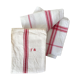 Two mismatched former dishcloths in red and white.