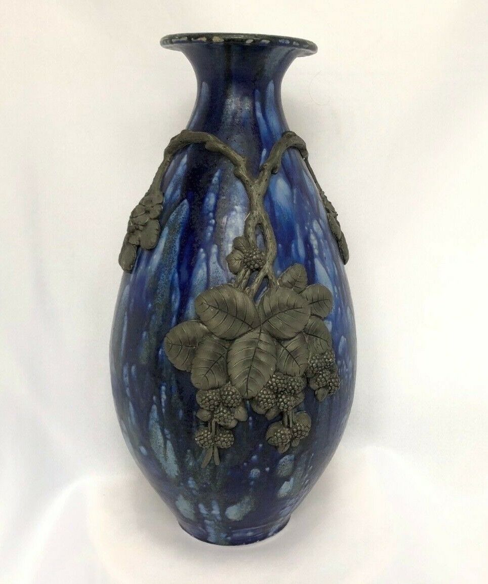 Roger Guerin vase piriform gres a cheze etain ronce mure feuille fleur