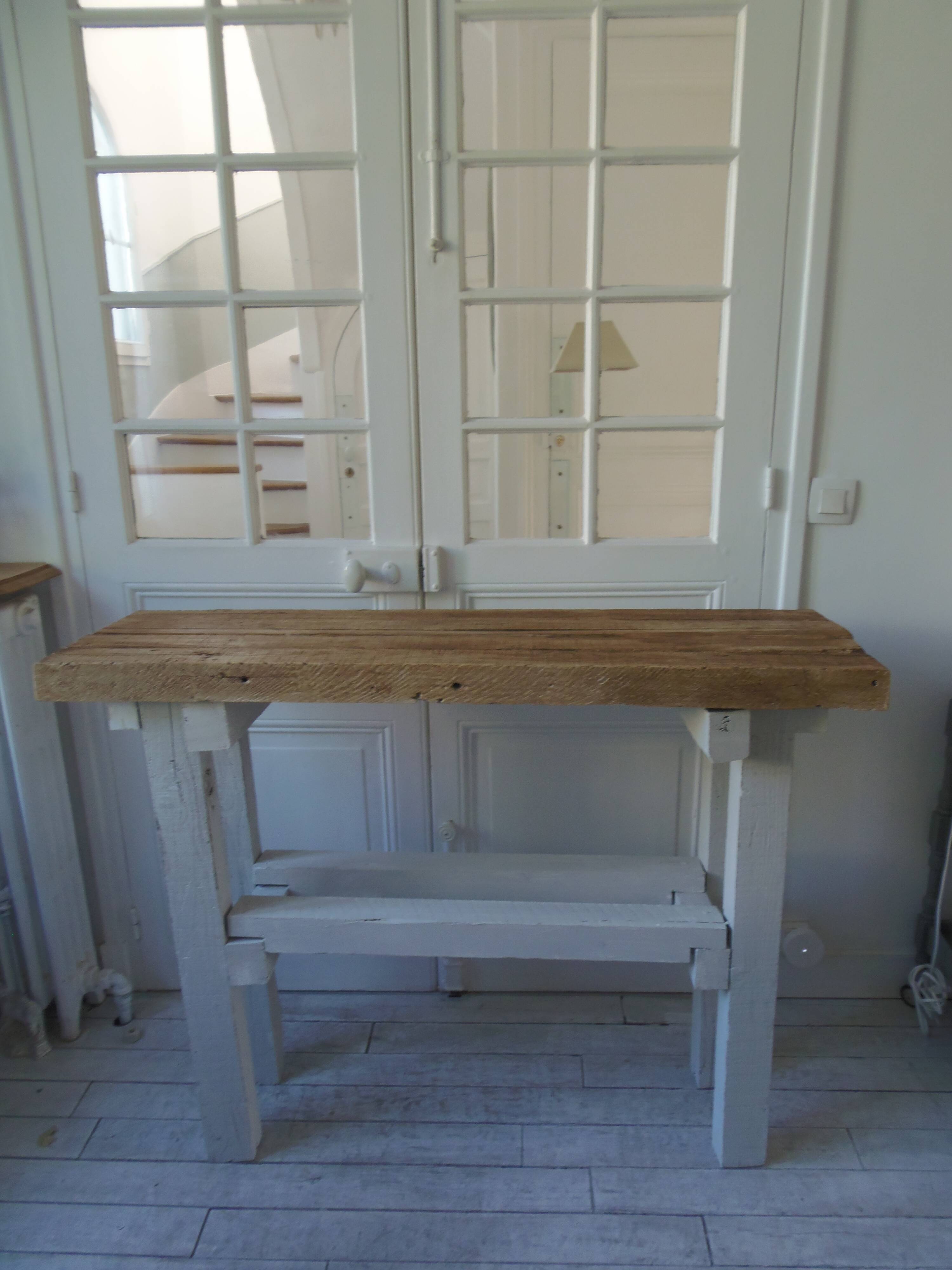 Vintage workbench with pearl gray patinated base and wooden top