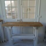 Vintage workbench with pearl gray patinated base and wooden top
