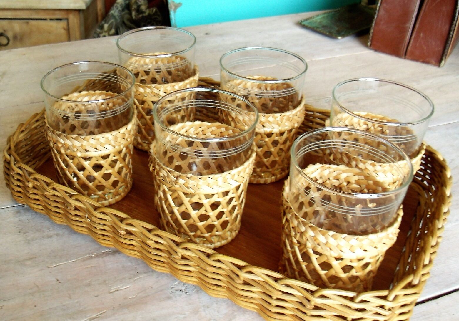 1950 rattan tray and drinks service