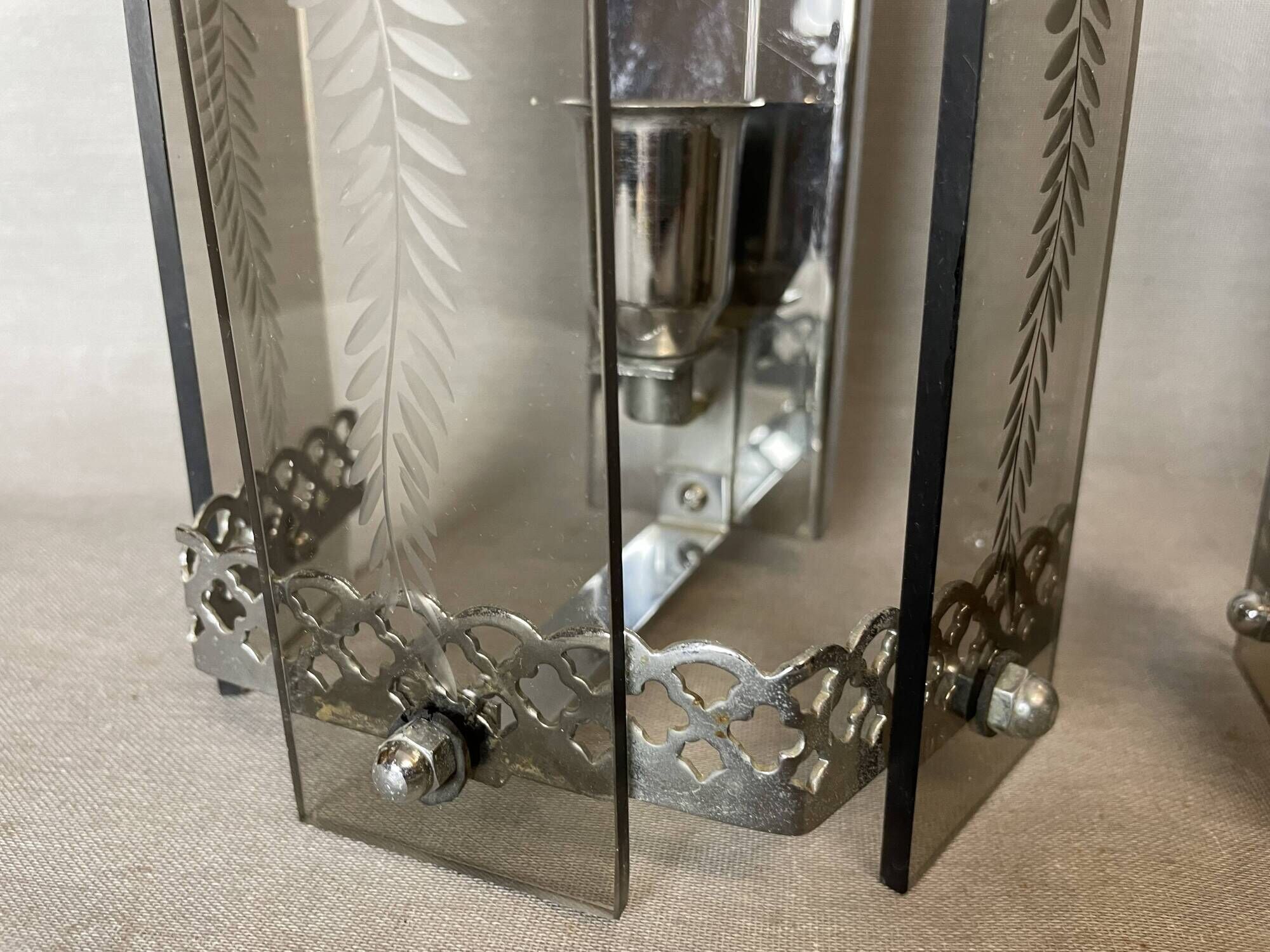 Set of 2 art deco revival smoked glass chromed  wall lamps