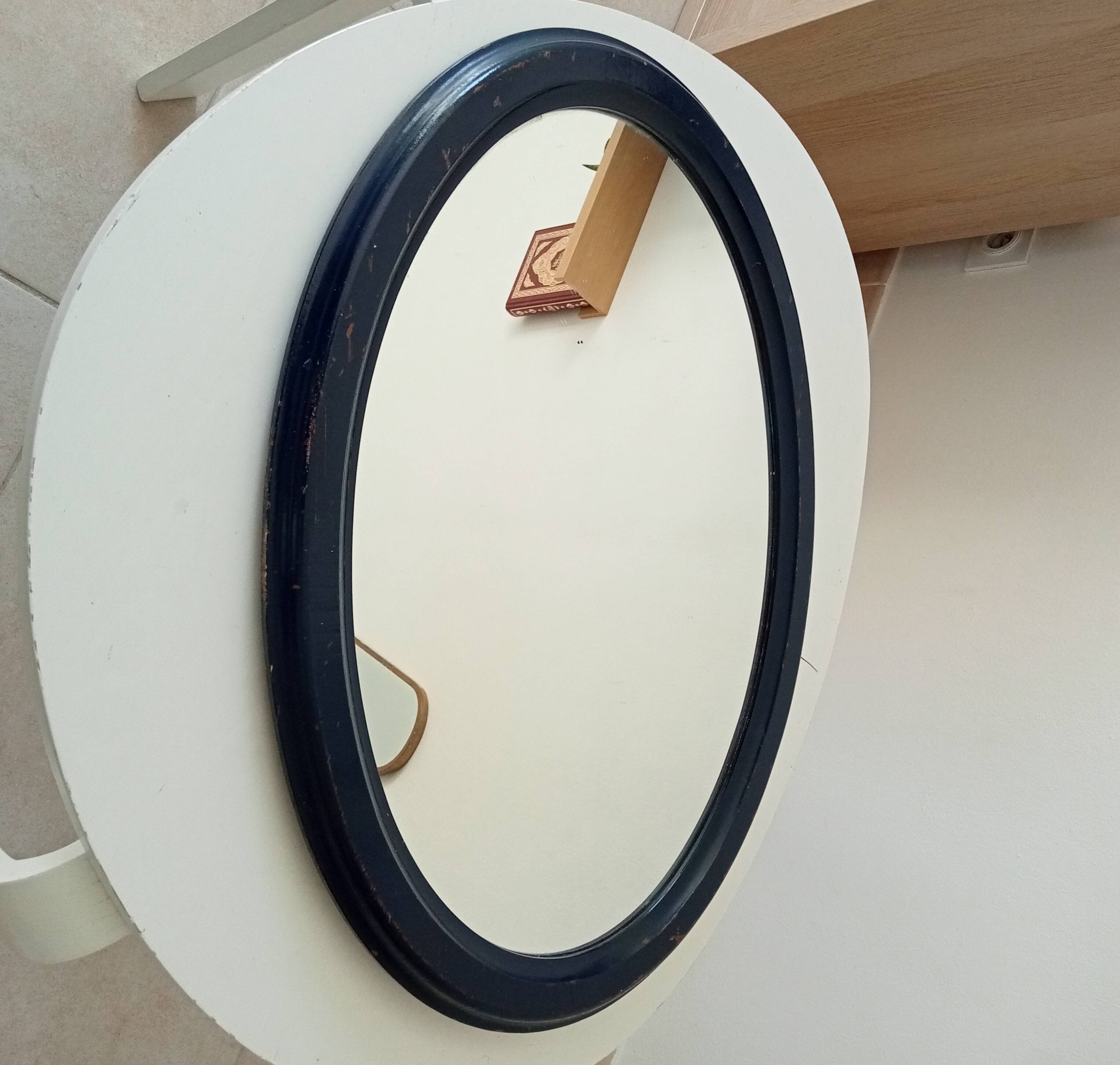 Vintage oval mirror in petrol blue wood