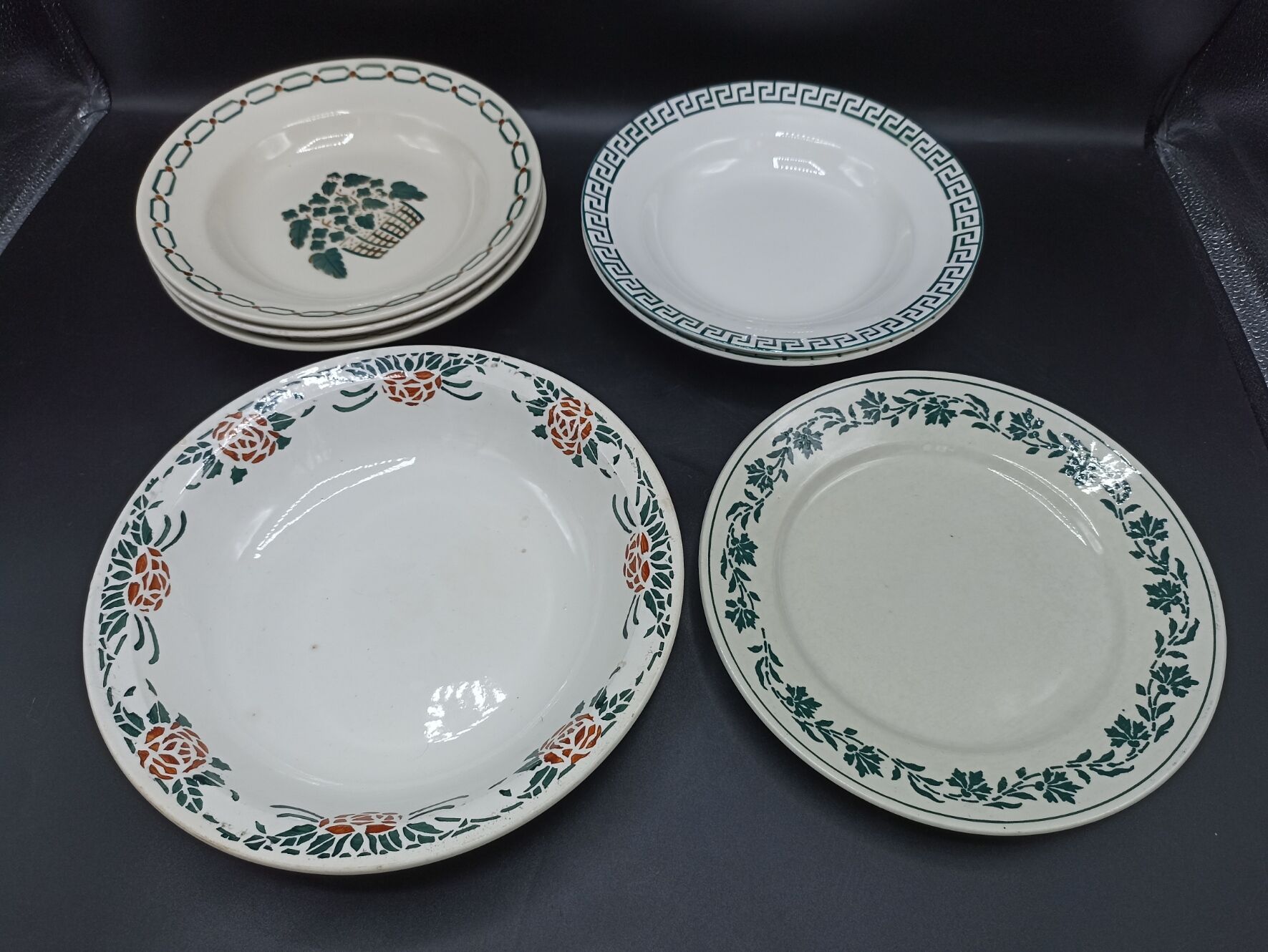 Mismatched set of old plates + dish - Green
