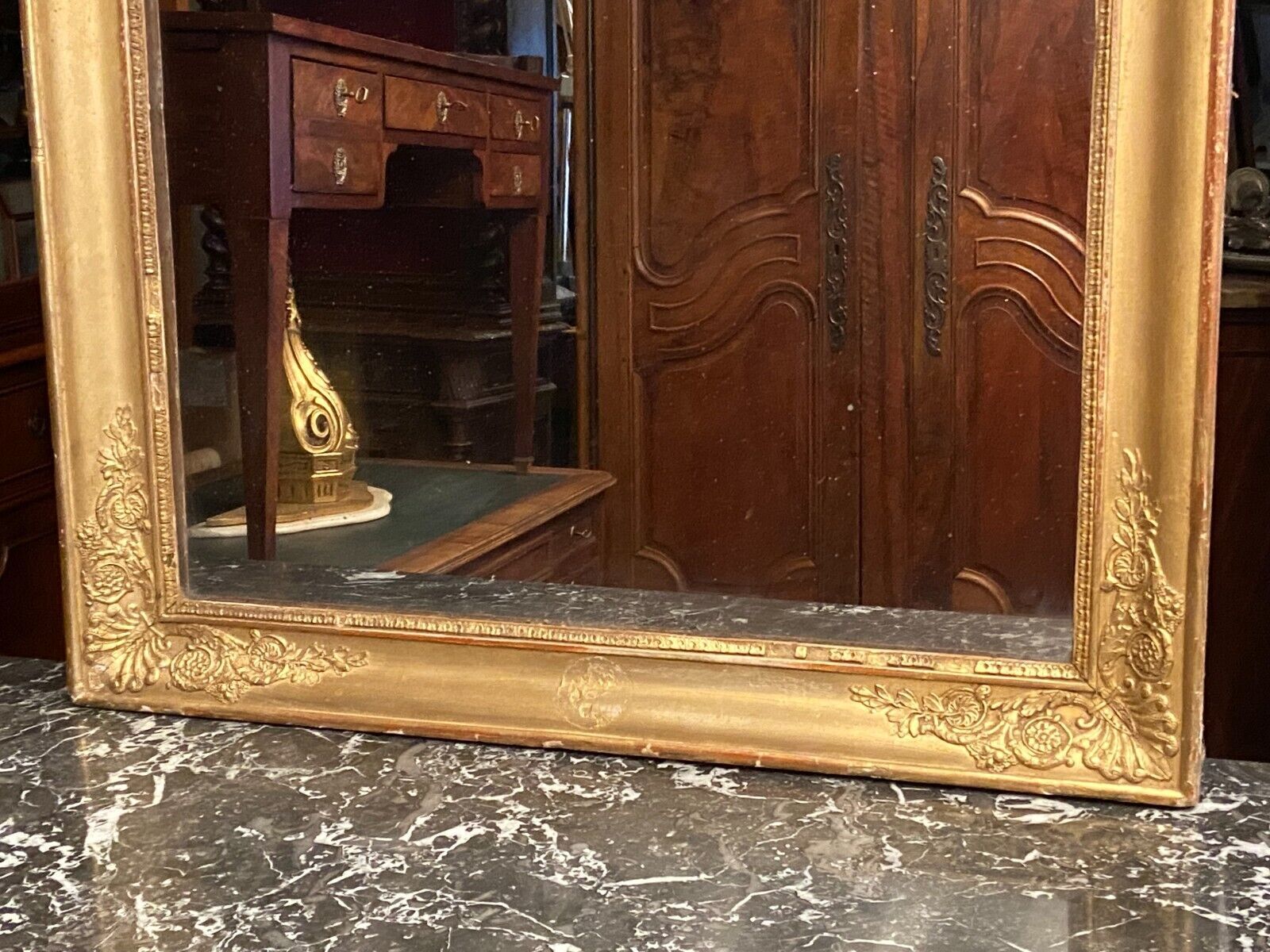 Large mirror fireplace mirror in wood and gilded stucco XIX Restoration