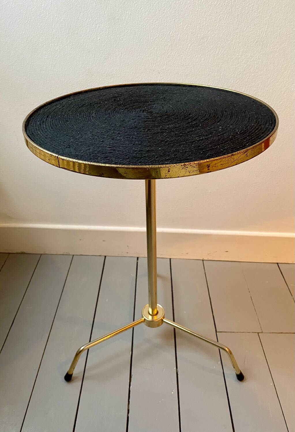 Vintage tripod pedestal table in gold metal
