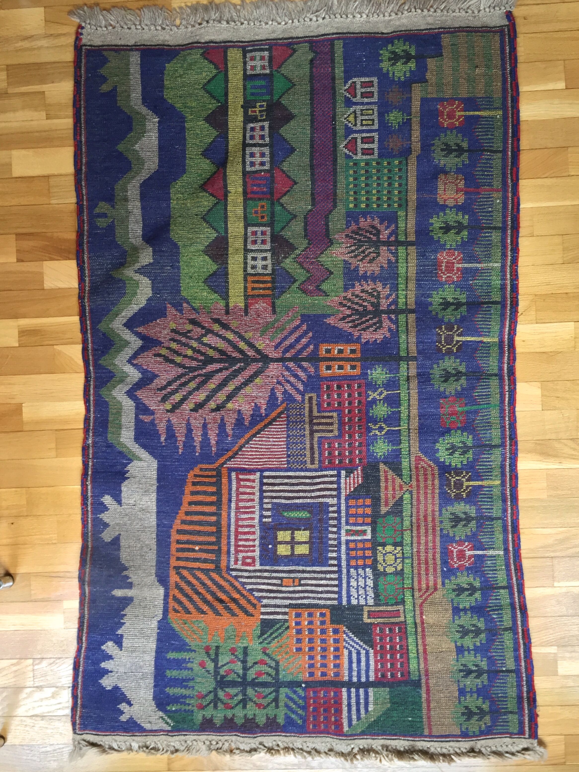 Afghan carpet 80s MOTIF VILLAGE IN PRINTEMPS 85x148cm