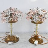Set of 2 large table lamps with crystal glass flowers, pink and transparent, brass base, 1960