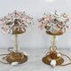 Set of 2 large table lamps with crystal glass flowers, pink and transparent, brass base, 1960