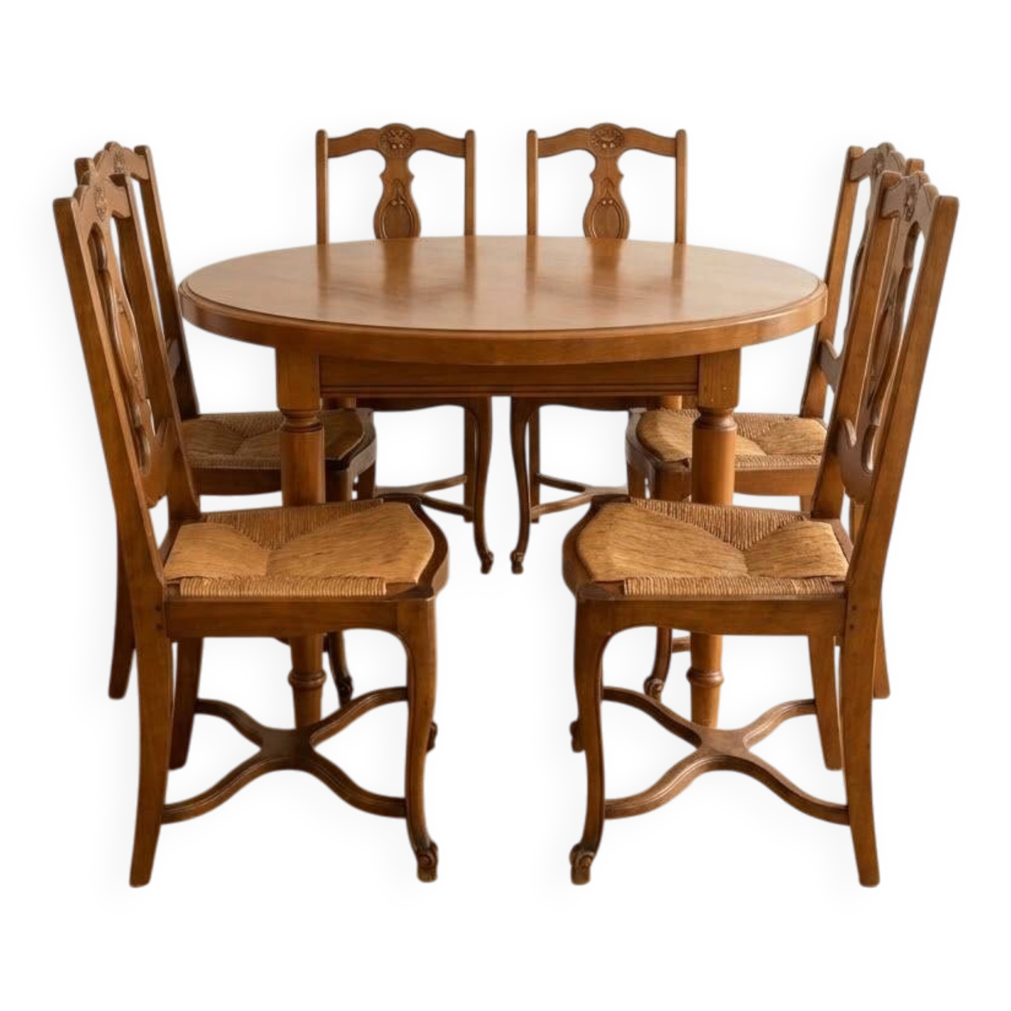 Ensemble table ronde et 6 chaises paillées en bois massif